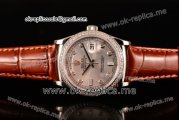 Rolex Day-Date Swiss ETA 2836 Automatic Steel Case with Silver Dial Diamonds Markers Diamonds Bezel and Brown Leather Strap (BP)