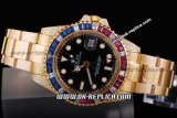 Rolex GMT-Master Automatic Movement with Black Dial and Tone Tone Diamond Bezel-Gold Strap