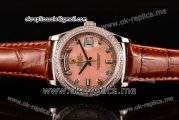 Rolex Day-Date Swiss ETA 2836 Automatic Steel Case with Pink Dial Diamonds Markers Diamonds Bezel and Brown Leather Strap (BP)
