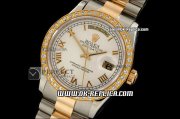 Rolex Day-Date Swiss ETA 2836 Automatic Movement White Dial with RG/Diamond Bezel and Rome Numeral Marker-Two Tone Strap